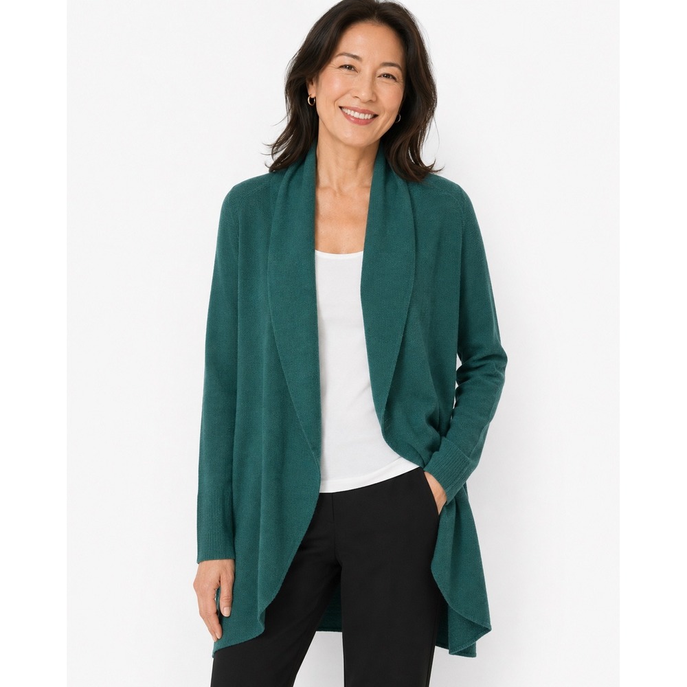Eileen Fisher Teal Green 100% Merino Wool Open Front Draped Cardigan Small S/P